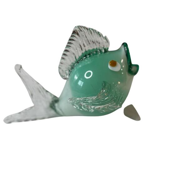 Vintage Murano Style Glass Fish Figurine Green Clear Hand Blown Sculpture Art - Picture 2 of 7